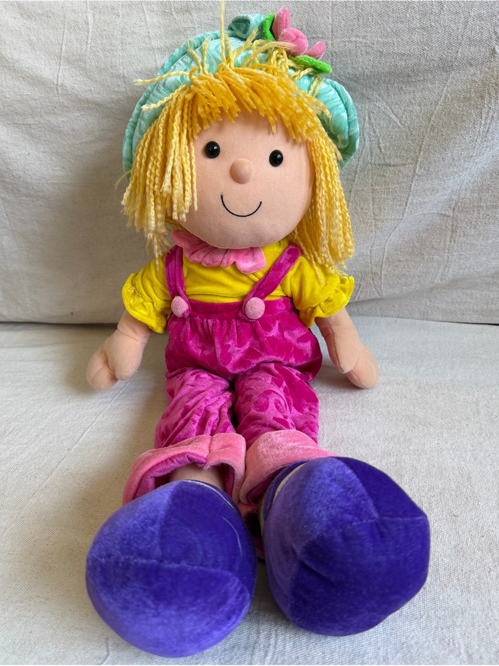 Vintage Goffa 28" Large Plush Rag Doll Yarn Hair Y2K Kidcore Pink Overalls Toy
